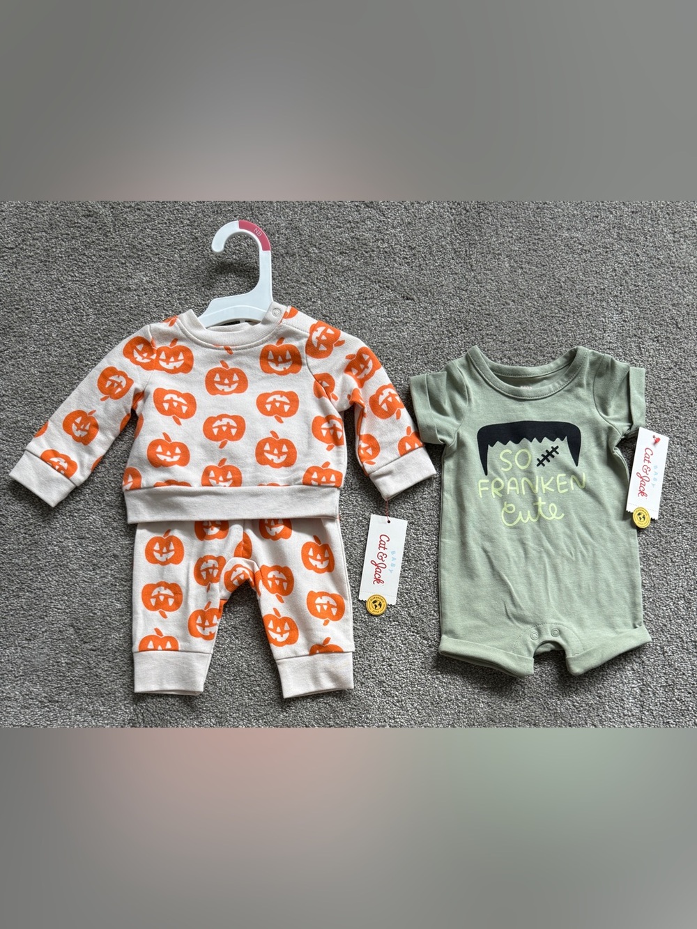 Cat & Jack Halloween Pumpkin Outfit & "So Franken Cute" Bodysuit size NB.